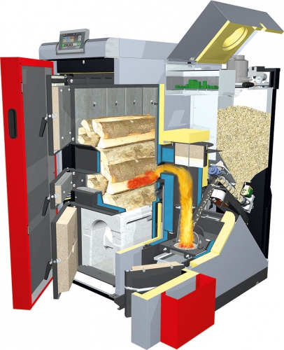 Holzheizung Fröling SP Dual mit Scheitholz und Pellets (Schnitt)